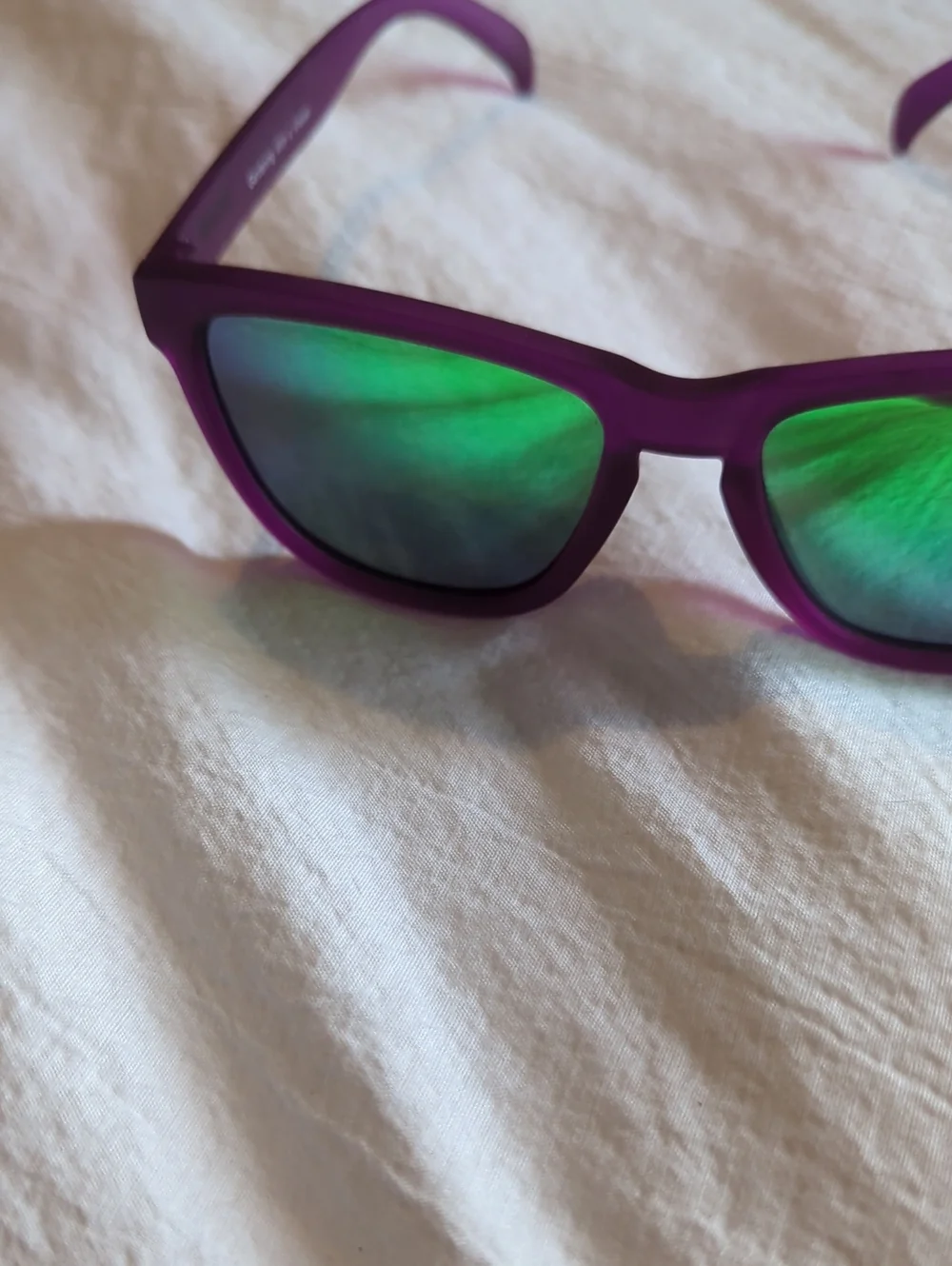 Goodr Purple Frame Sunglasses with Green Mirrored Lenses